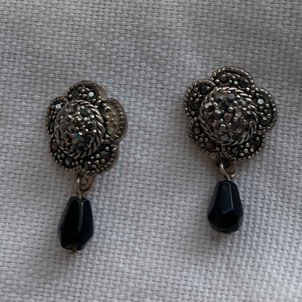 Lovely Marcasite, Silver and black stone pierced earrings.